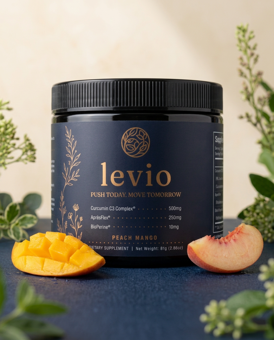 Levio peach mango joint support powder in its actual black tub with a navy and copper label