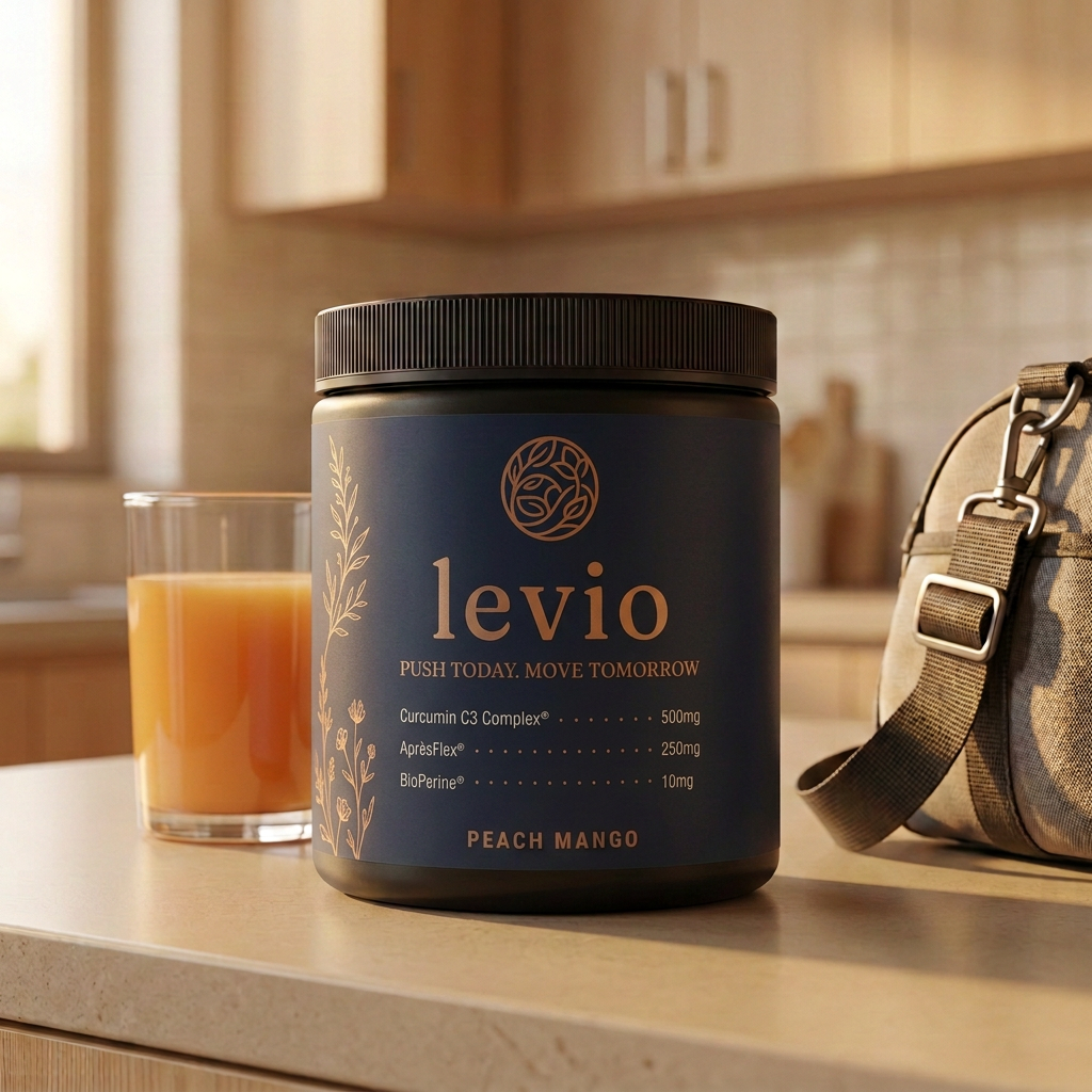 Levio tub on a travertine ledge beside a glass of water in soft daylight