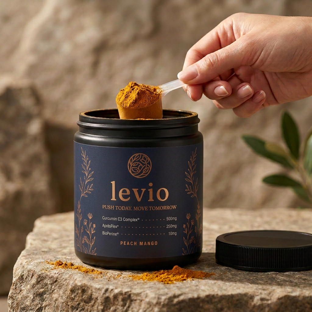 A scoop of Levio powder lifted from the tub, fine turmeric-orange dust catching the light